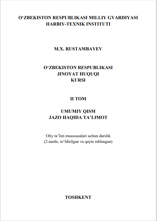 O‘ZBEKISTON RESPUBLIKASI JINOYAT HUQUQI KURSI II TOM UMUMIY QISM JAZO HAQIDA TA’LIMOT