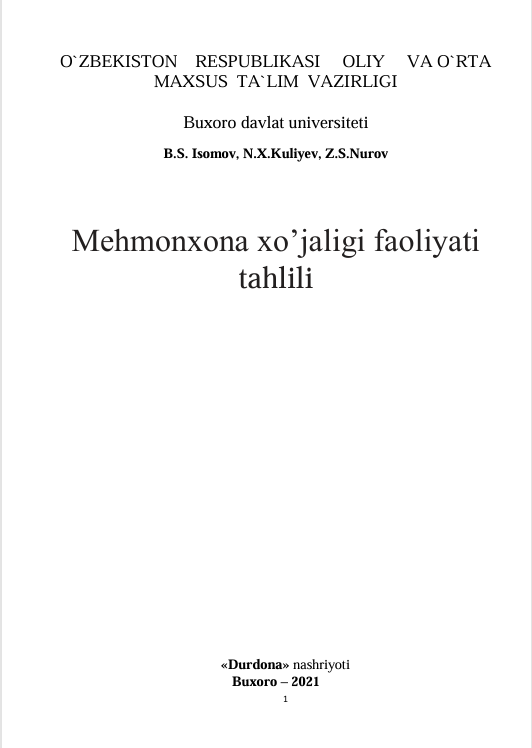 Mehmonxona xo’jaligi faoliyati  tahlili